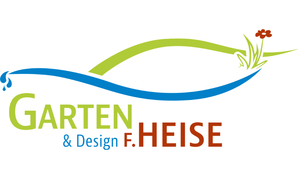 Logo Garten und Landschaftsbau Garten & Design F. Heise mit Blatt, Wasser und Blume